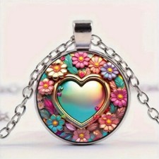 Bohemian Style Colorful Flowers  Heart Pattern Pendant Necklace