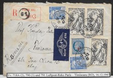 Yvert 718A (2), 790 (3), 791 Paris - Timisoara (Romanie), Reco, Par Avion