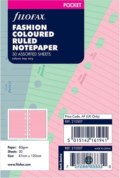 Filofax Pocket size Fashion Coloured Ruled (Lined) Notepaper Refill 210507