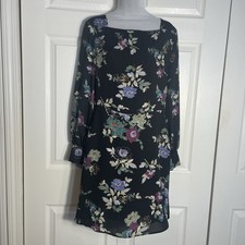 Ann Taylor Loft Floral Garden Print Dress Women 8 Black Square Neck Long Sleeve
