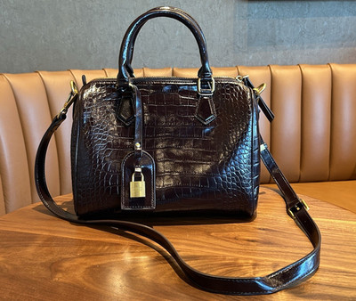 Women s Brown Croc Satchel Top Handle Zip, Detachable Strap Gold Hardware Lock