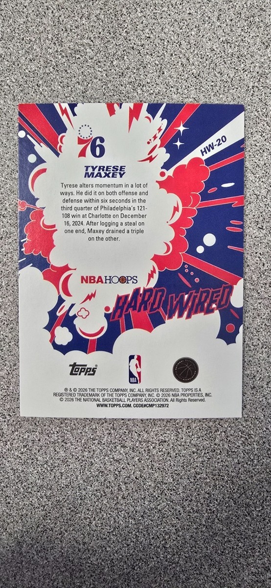 Topps 2025-26 NBA Hoops Hard Wired Tyrese Maxey HW-20 Philadelphia