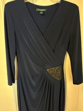 Lauren Ralph Lauren Navy Blue V Neck Ruched Sheath Dress Size 4