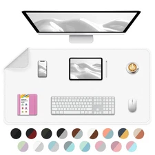 35.4x16.9 Double Sided Desk Mat, White, Silver, PU Leather, Waterproof Pad