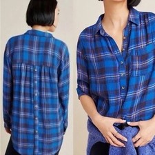 Anthropologie Soft Plaid Back Button Down Blue Blouse Multiple Size M