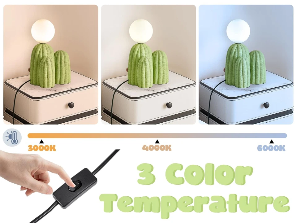 Lámpara de mesa con forma de cactus verde moderna luz de mesa de resina linda estética leche con... Foto 4 de 4