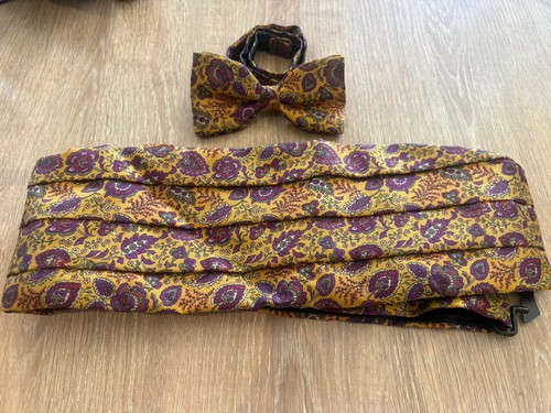 Vintage English Silk Cummerbund & Bow Tie Set Mustard Yellow Floral Paisley Men