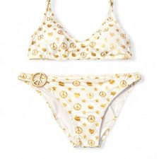VTG Victoria s Secret Y2K Bikini Set All Over Gold Star Heart Metal Peace Sign M