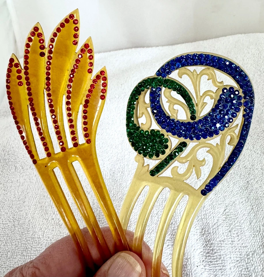 2 peines de pelo vintage de celuloide rojo azul verde estrás ART DECO Foto 2 de 4