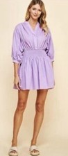 Pinch Mini Dress Womens Med Purple Pleated Puff Sleeve Boho Preppy smocked NWT