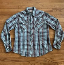 True Religion Plaid Cotton Shirt Men XL Blue Brown Red & Pearl Snaps Pocket