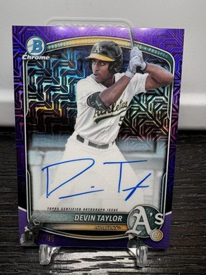 2025 Bowman DraftnDevin Taylor Chrome Prospect Auto Purple Mojo Refractor #/199
