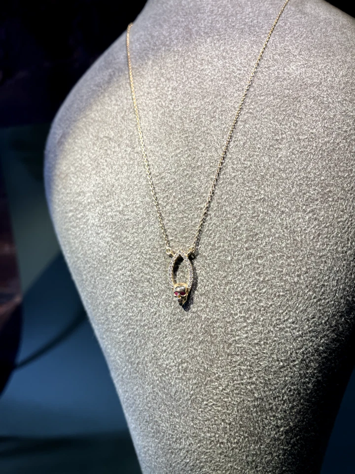 Alp Sagnak Necklace 14 K Yellow Gold Skull Pendant Diamonds Rubies - Image 4 of 4