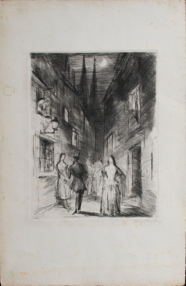 Hans Meid Impressionismus Straßenszene Nacht Menschen Gespräch Radierung 20 Jhd - Bild 4 von 4
