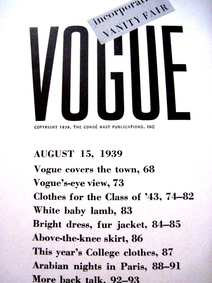 Fantastic Aug. 15, 1939 Magazine "Vogue" - Fashions for College * Foto 2 de 4