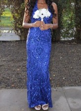 Dark Blue Sequined Halter V-Neck Open-Back Gown