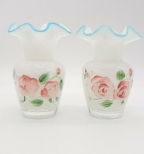 Vintage Pair of White Swirl Vases Hand Painted Flowers With Blue Ruffled 