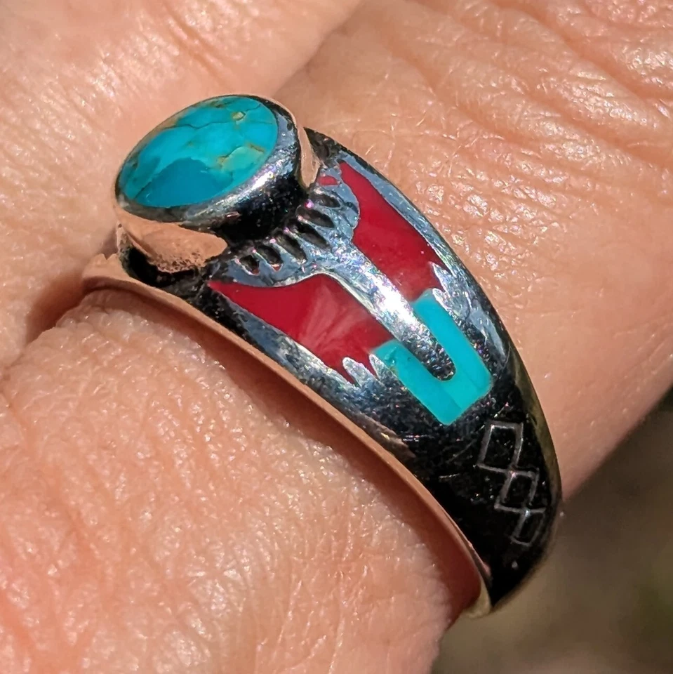 Anillo de plata esterlina talla 6,5, 8,5 suroeste hecho a mano turquesa y coral rojo Foto 4 de 4