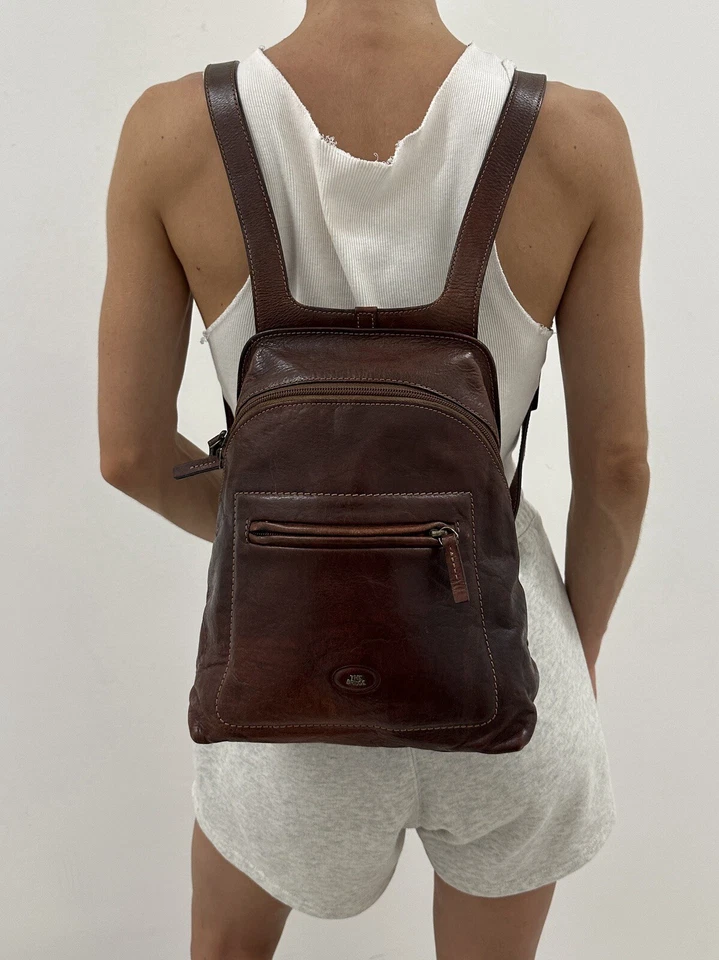 Mochila de couro THE BRIDGE vintage FIRENZE ITÁLIA MARROM RUKSACK - Imagem 2 de 4