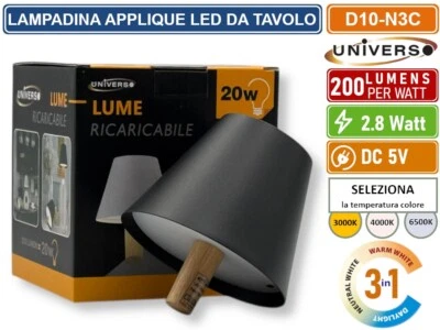 UNIVERSO LAMPADA LED RICARICABILE DA TAVOLO PER BOTTIGLIE COLORE LUCE SELEZIONABILE 3IN1