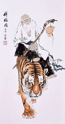 掛軸196701 ORIENTAL FINE ART CHINESE FIGURE WATERCOLOR PAINTING-Dharma&Tiger  King | eBay