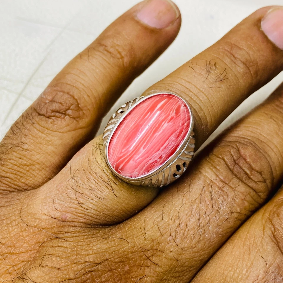 Red Coral Sterling Silver Men's Ring Natural Gemstone Unique Handmade Jewelry - Image 3 of 4