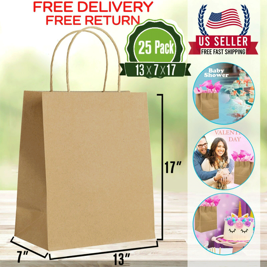 13x7x17 Large Kraft Paper Gift Bags with Paper Handles Brown