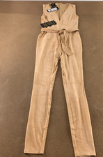Bebe Women's Small Desert Mist Faux Suede Sleevless V Neck Belted Catsuit NWT