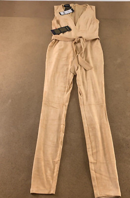 Bebe Women's Small Desert Mist Faux Suede Sleevless V Neck Belted Catsuit NWT