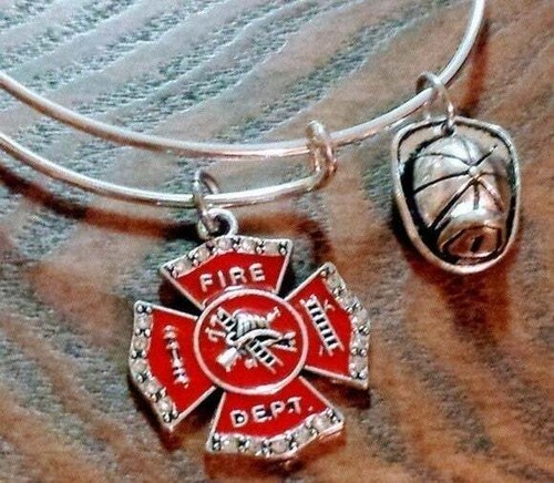 New Women's Firefighter Bracelet, Crystal Maltese Cross & Helmet Charms, Silver - Picture 1 of 3