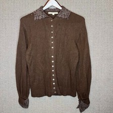 Perry Ellis Sweater Women's Medium Brown Knit Embroidered Flawed Casual Button U