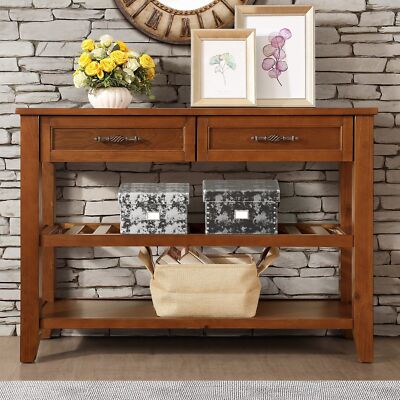 Console Table w/2 Storage Drawers & 2 Tiers Shelves Mid-Century Entryway Table