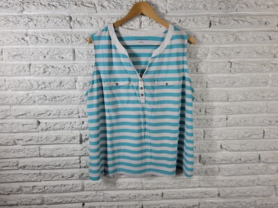Croft Barrow Womens Top 2X Plus Sleeveless Blue Stripe Quarter Button Pockets