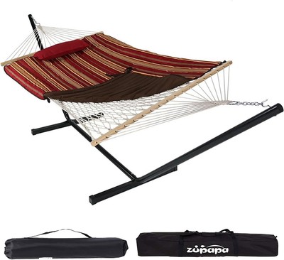 2-person cotton rope hammock with stand, polyester pad and pillow