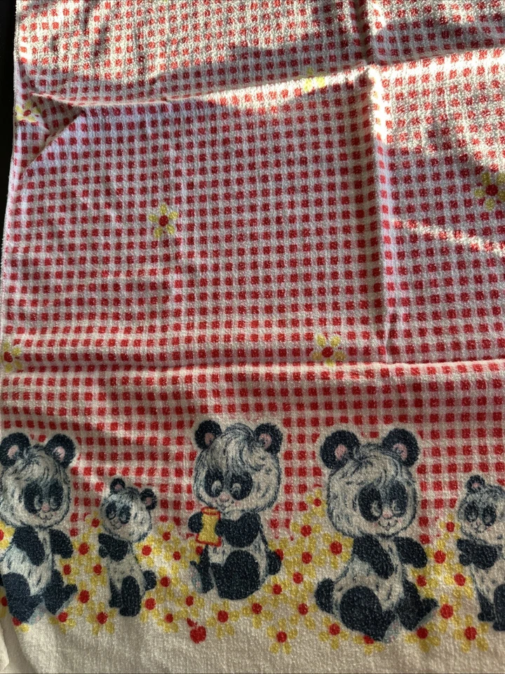 "Manta de recepción PANDA para el cuidado del bebé años 70 de colección 26x40"" guinga roja MCM algodón animal" Foto 2 de 4