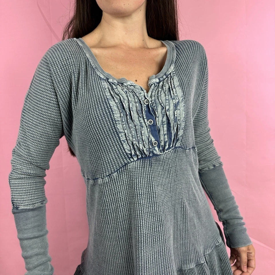 Mini Vestido Jolene Free People One Azul Tejido Waffle Térmico Manga Larga Talla S Foto 2 de 4