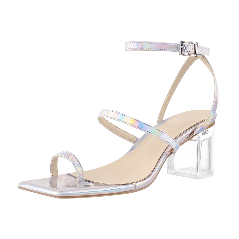Women's Holographic Open Toe Clear Chunky High Heels Strappy Sandals US8