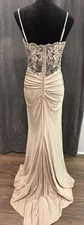Windsor Shimmer Beige Ruched Sides Back Embroidered Lace Mermaid Gown Size M