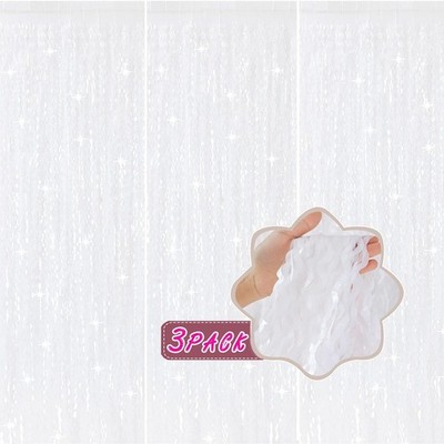 3 PCS 3.3x6.6 ft Wavy White Metallic Tinsel Foil Fringe Backdrop Curtains