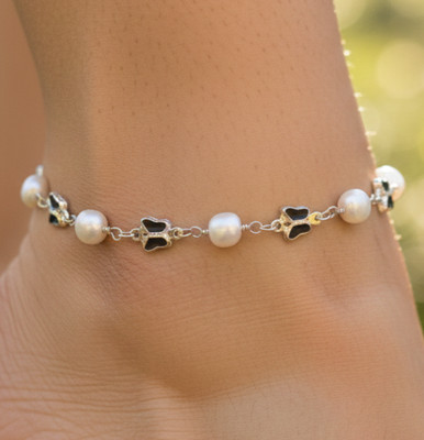 Silver Plated Butterfly Charm Anklet Black Enamel & Pearl Beaded Anklet For Girl