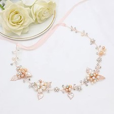 Bridal Crystal Headband with Freshwater Pearls Flower Design Wedding Rose Gold