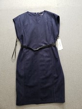 Calvin Klein Women Sheath Dress 12 Blue Sleeveless Back Zip Belted Stretch Party