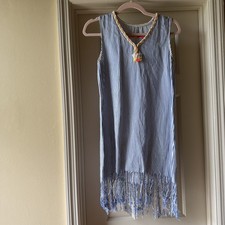 VILAGALLO Blue Stripe Viscose Linen IRIS Fringe Hem Mini Dress