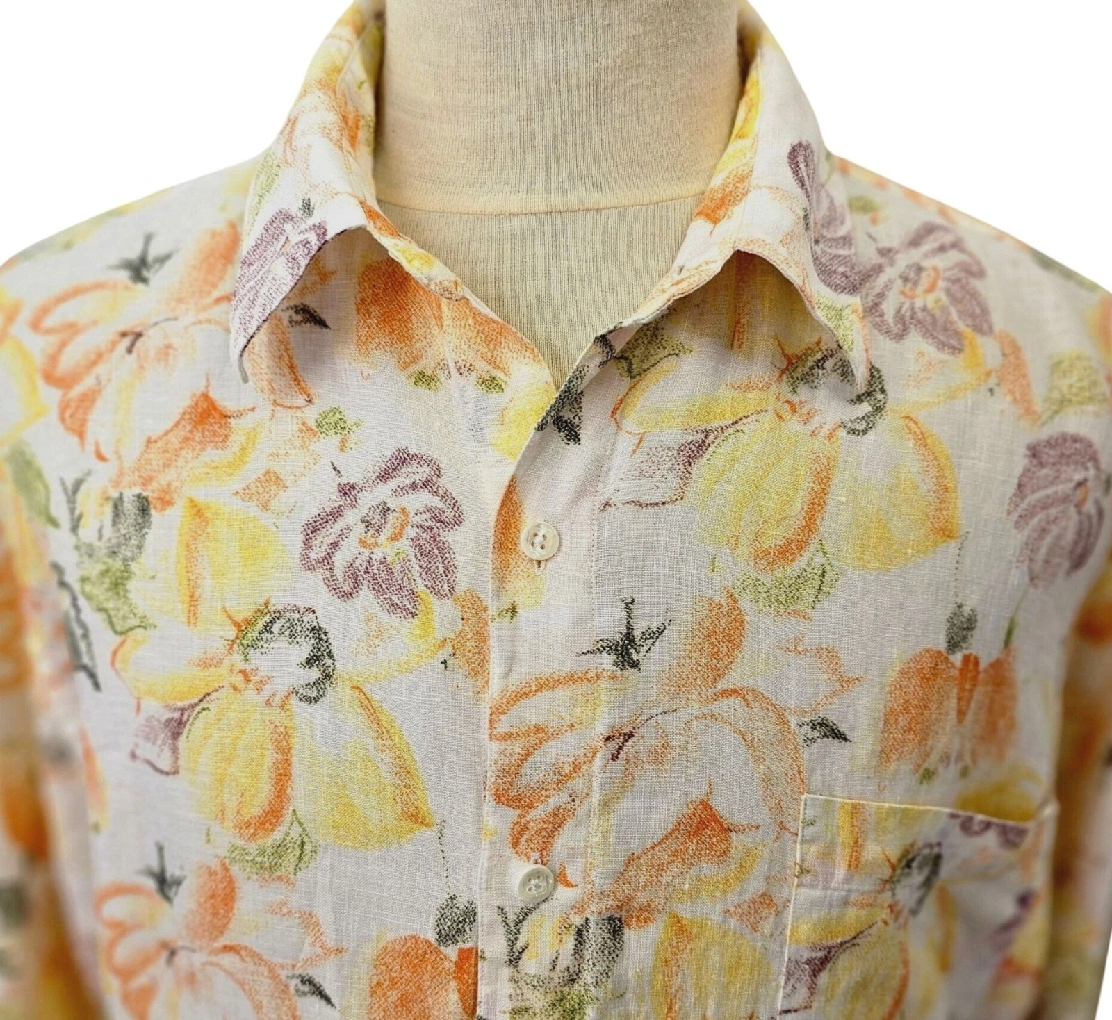 Over Easy Options 90s Tropical Linen Shirt Mens Sz L Retro Resort Coastal