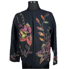 Choices Lightweight Open Jacket Colorful Floral on Black SzS Boho Vintage Look.