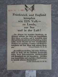 Britisches Flugblatt "England und Frankreich kämpfen wie ein Volk" von 1939