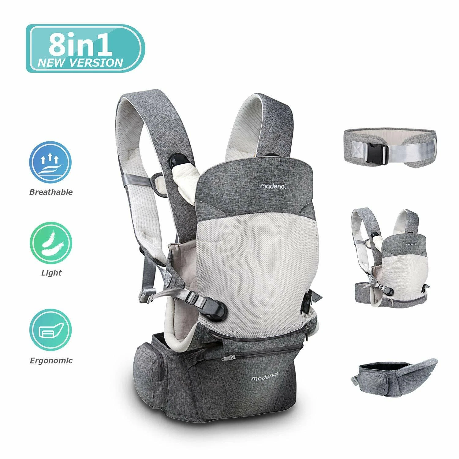 Madenal 3 Function 360º Ergonomic Baby Carrier with Hip Seat for 0 – 36 Months