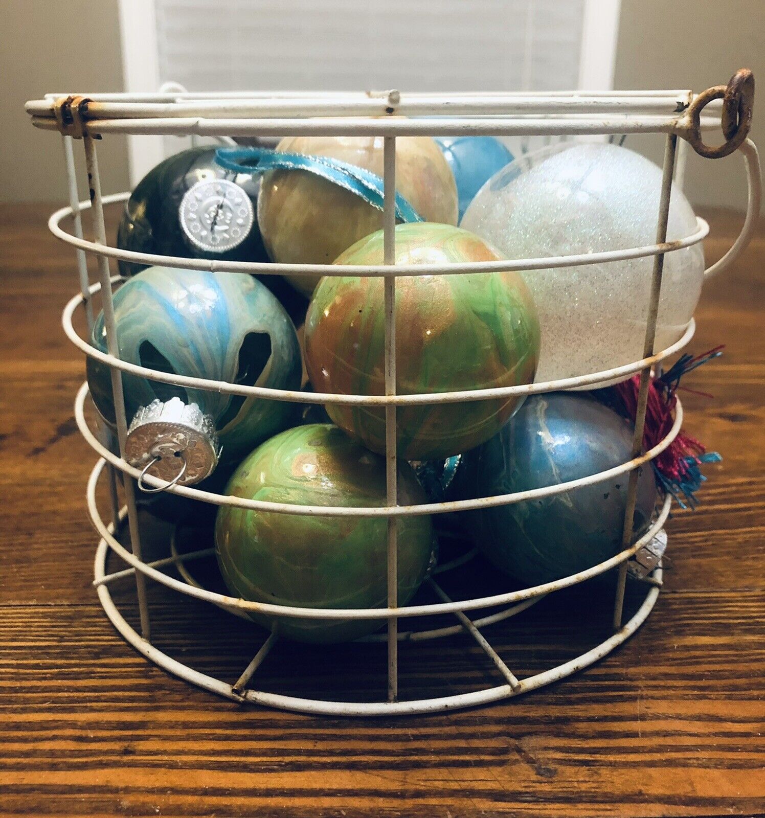 White Wire Egg Basket Filled w/ 12 Handmade Christmas Ornaments