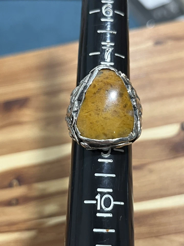 Anillo de plata esterlina 925 enorme dragón jaspe amarillo vintage para hombre talla 8,25 Foto 3 de 4