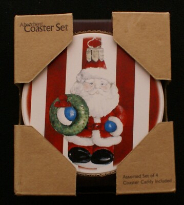 Christmas Santa Claus 4 Stone Coaster Set & wooden caddy/holder, cork backed